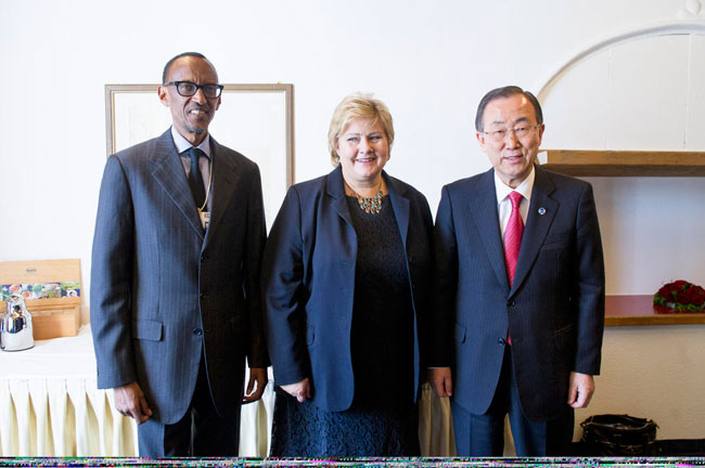 Perezida Kagame, Ministre w'intebe wa Norway Madame Erna Solberg n'umunyamabanga mukuru wa ONU Bwana Ban Ki Moon